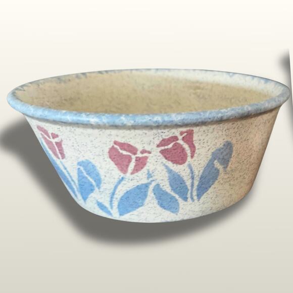 Vintage Tulip Serving Bowl | Speckled Ceramic Floral Kitchen | 1980s Farmhouse - Picture 1 of 8